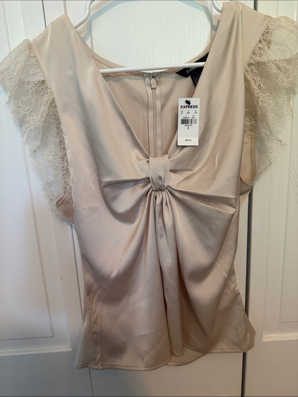 Express Blush Cream Lace-Sleeve Knot Front Blouse